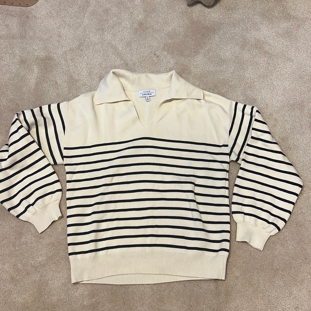 & Other Stories Striped Knit Polo Collar Sweater In Navy Off White Size Medium